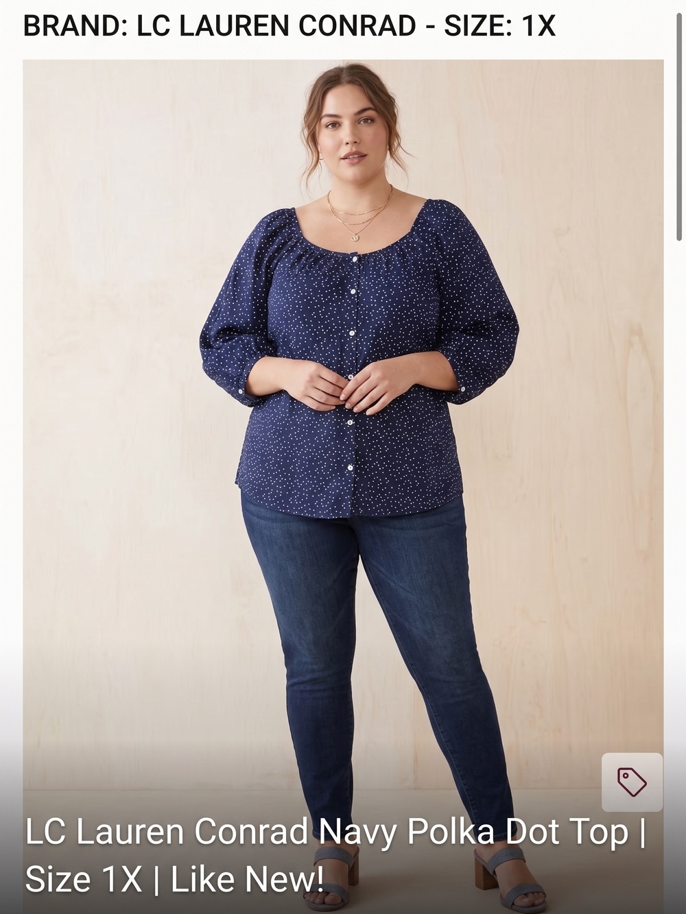 LC Lauren Conrad Navy with White Polka Dot Button-Front Blouse